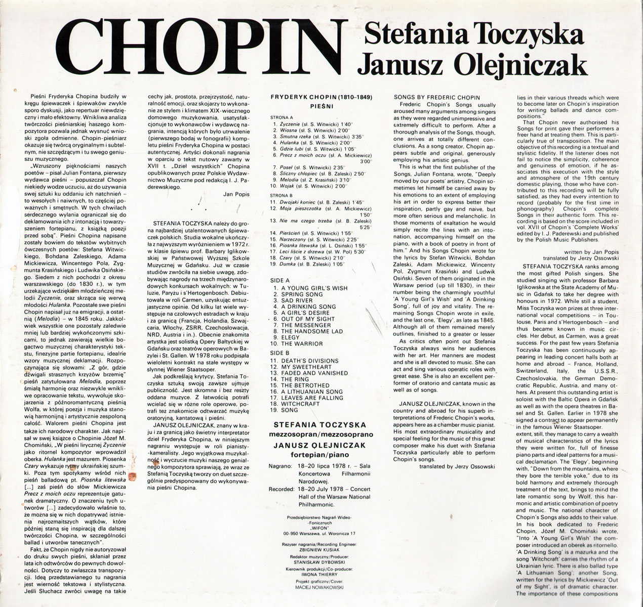 Chopin - Pieśni: Janusz Olejniczak, Stefania Toczyska  [по заказу польской фирмы WIFON, LP 017]