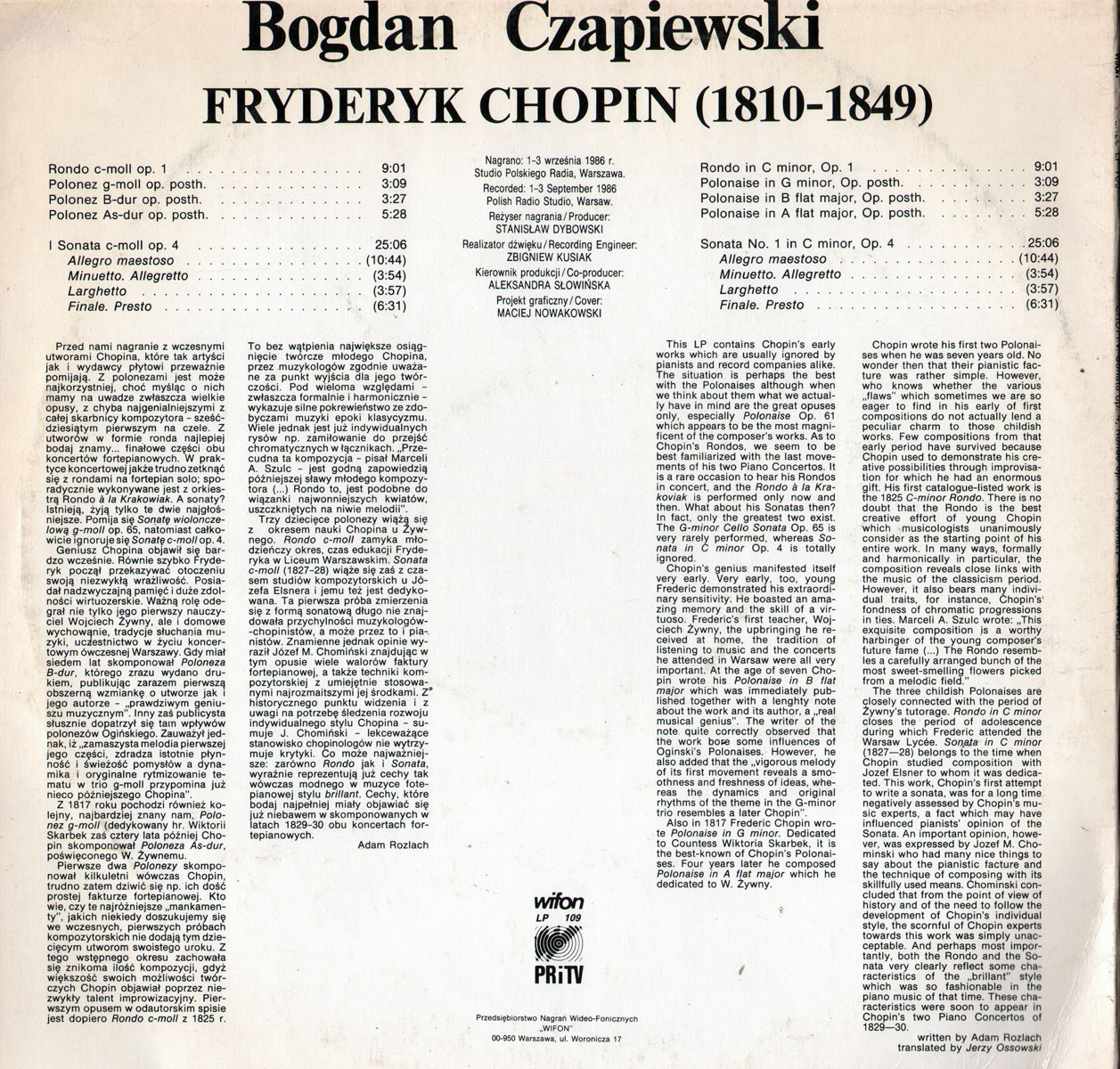 Bogdan Czapiewski -  Chopin [по заказу польской фирмы WIFON, LP 109]