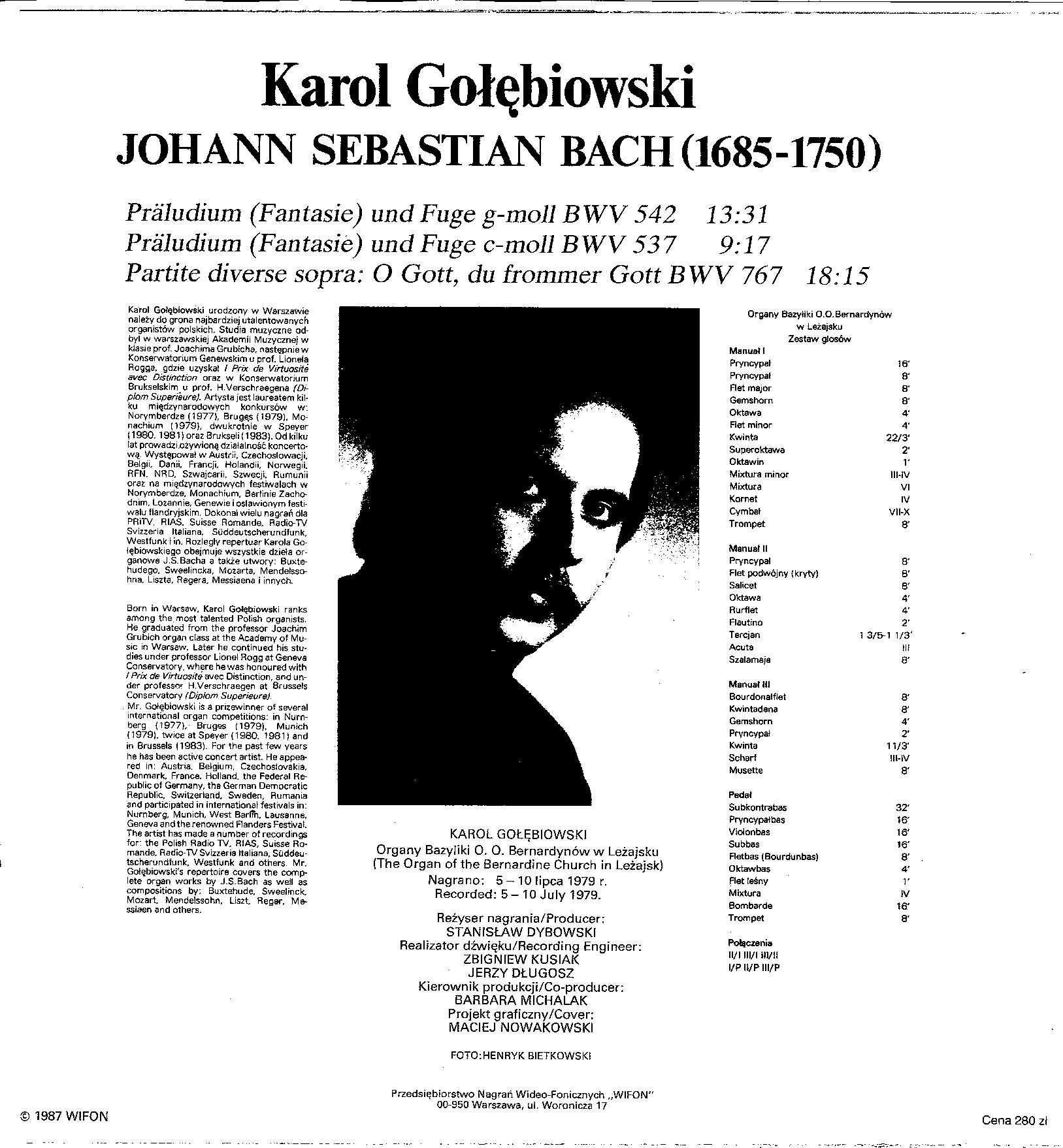 Karol Gołębiowski  - J.S. Bach [по заказу польской фирмы WIFON, LP 093]
