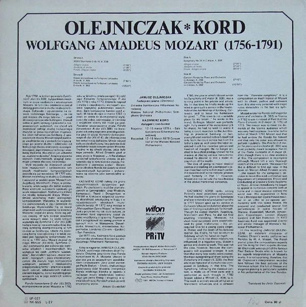 Mozart - Olejniczak, Kord   [по заказу польской фирмы WIFON, LP 027]