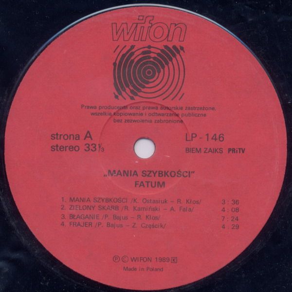 Fatum ‎– Mania Szybkości  [по заказу польской фирмы WIFON, LP 146]