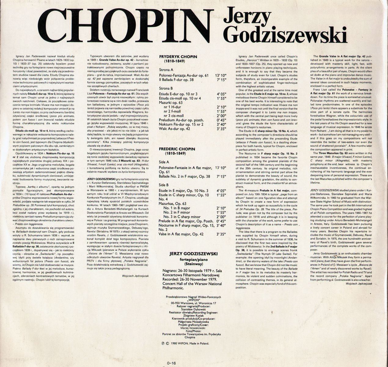 Jerzy Godziszewski. "Chopin" [по заказу польской фирмы WIFON, LP 016]