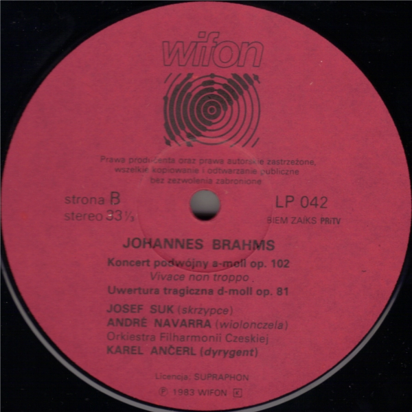 Johannes Brahms ‎– Koncert Podwójny A-Mol Op. 102 / Uwertura Tragiczna D-Moll Op. 81 [по заказу польской фирмы WIFON, LP 042]