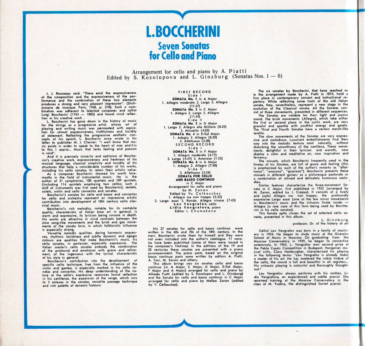 Л. Боккерини: Семь сонат для виолончели и ф-но (Лев и Лидия Евграфовы)