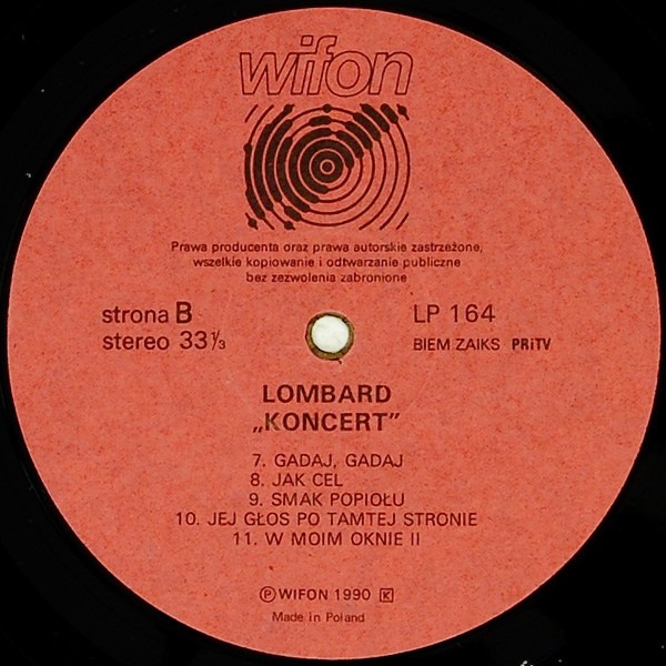 Lombard ‎– Koncert   [по заказу польской фирмы WIFON, LP 164]