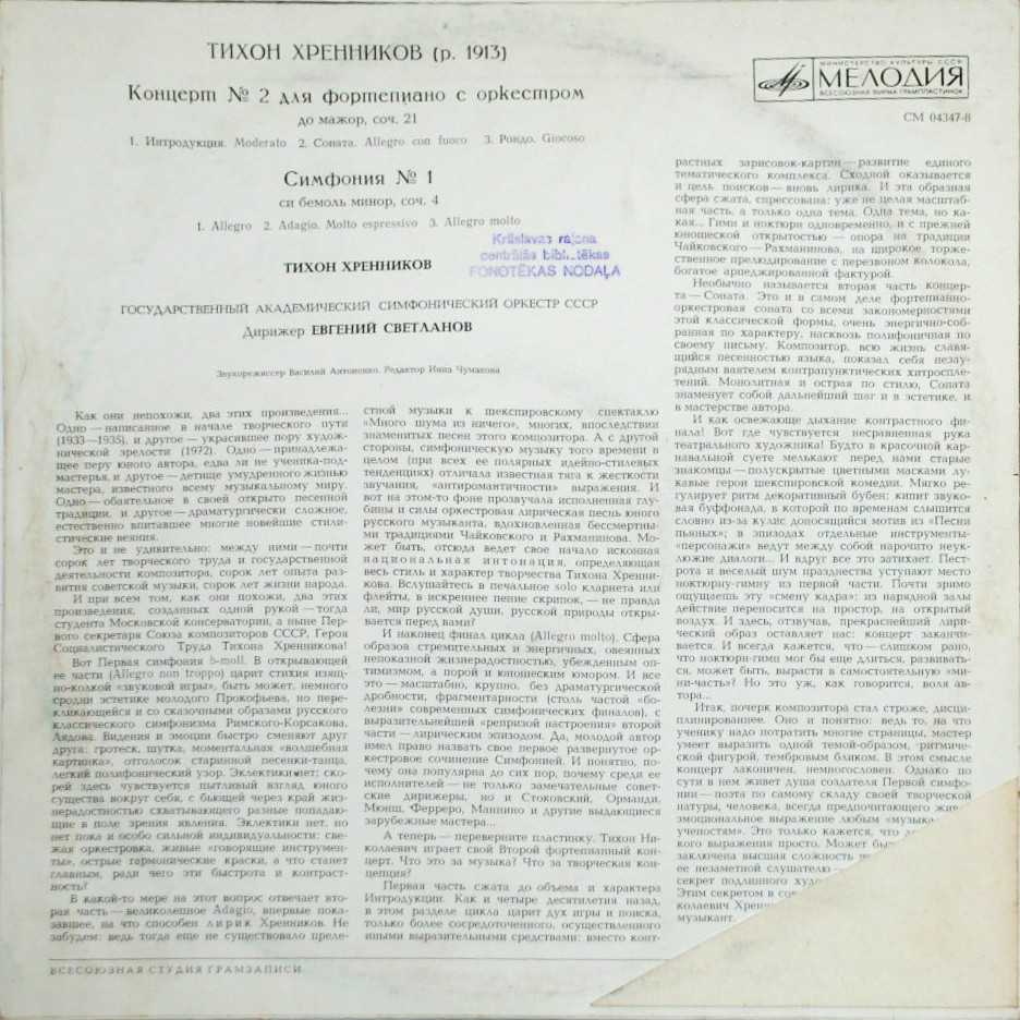 Тихон ХРЕННИКОВ (р. 1913). Концерт № 2. Симфония № 1