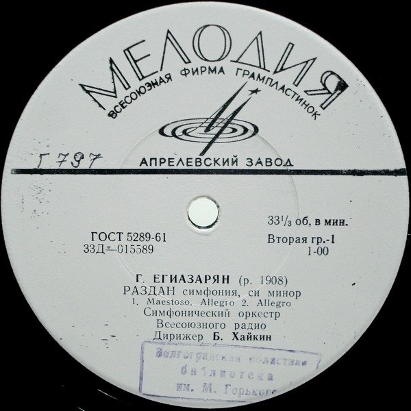 Г. ЕГИАЗАРЯН (1908–1988): "Раздан", симфония си минор (Б. Хайкин)