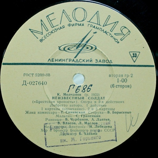 К. МОЛЧАНОВ (1922–1982): «Неизвестный солдат» («Брестская крепость»), опера в 2 д. (Б. Хайкин)