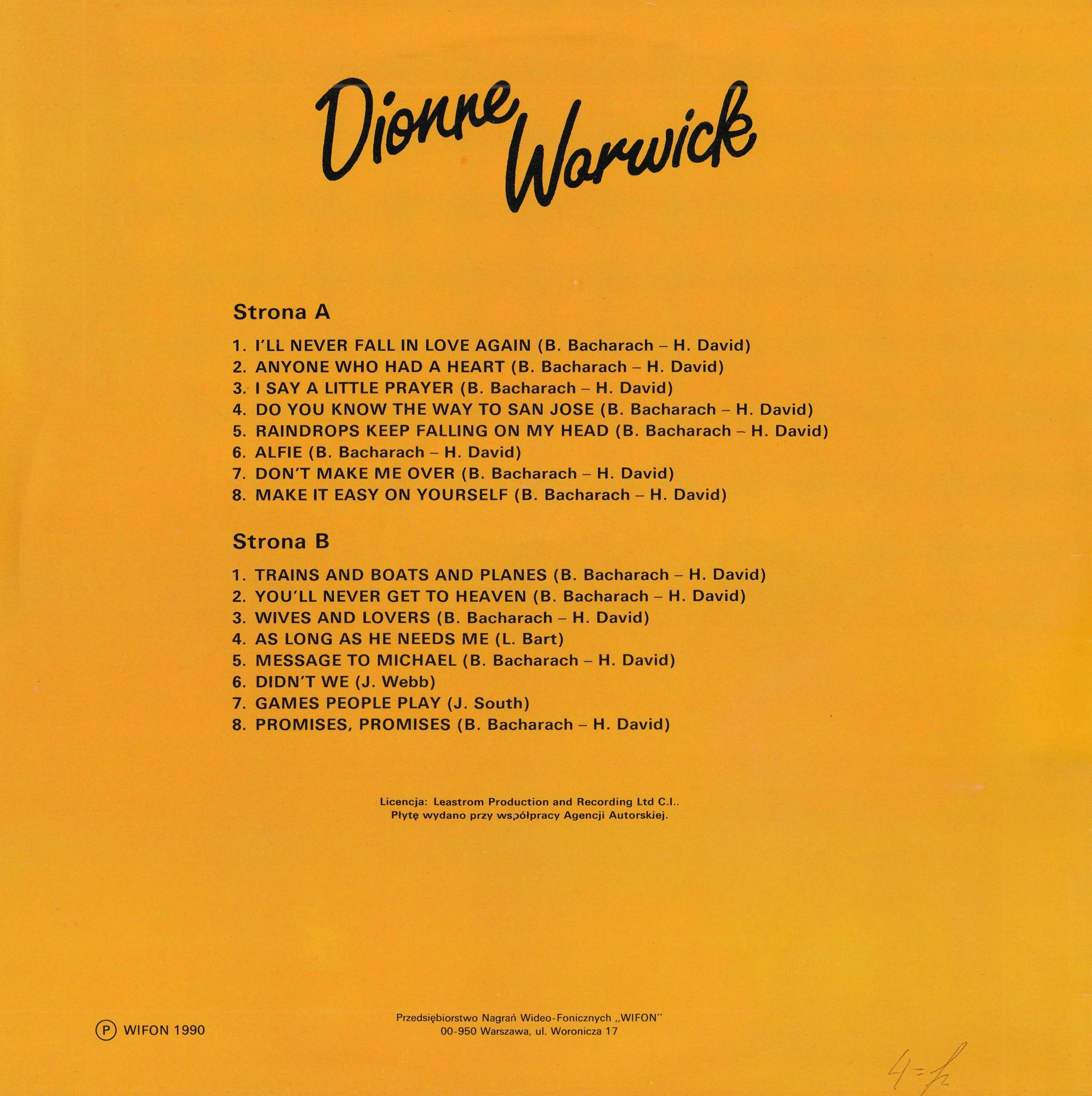 Dionne Warwick ‎– Złote Przeboje [по заказу польской фирмы WIFON, LP 170]