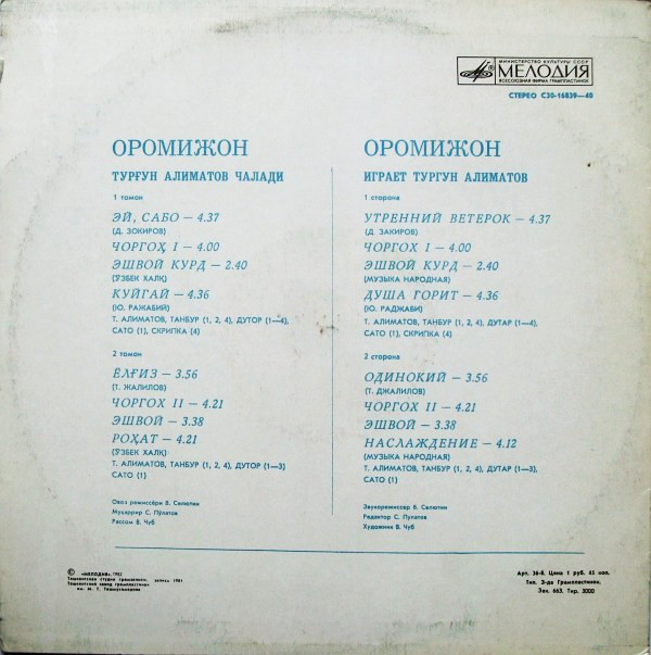 Тургун АЛИМАТОВ (тамбур, дутар, сато, скрипка, 1922–2008) «Оромижон»