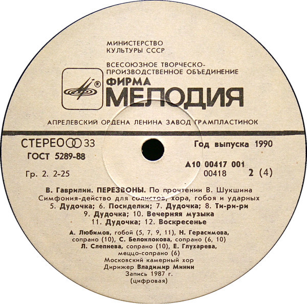 В. ГАВРИЛИН (1939): «Перезвоны», симфония-действо для солистов, хора, гобоя и ударных (По прочтении В. Шукшина).