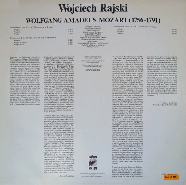 Mozart - Divertimenti: Wojciech Rajski   [по заказу польской фирмы WIFON, LP 069]