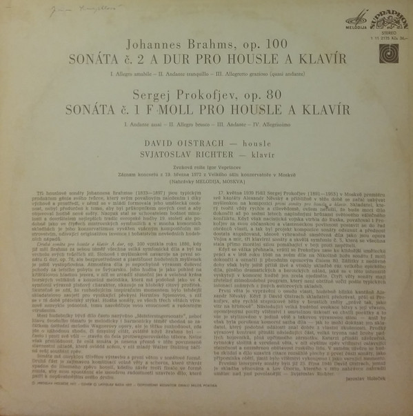 И. Брамс, С. Прокофьев. Сонаты для скрипки и ф-но (Д. Ойстрах, С. Рихтер)