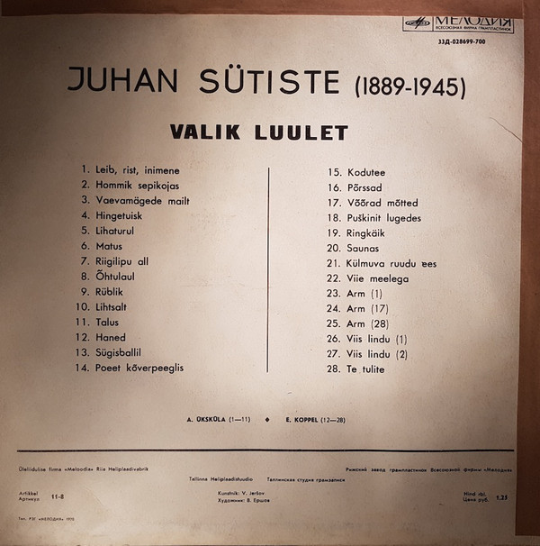 Юхан СЮТИСТЕ (1889-1945). Стихотворения (на эстонском языке) / Juhan Sütiste.  Valik luulet