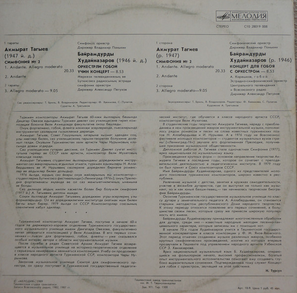 А. ТАГИЕВ (1947): Симфония № 2 // Б. ХУДАЙНАЗАРОВ (1946): Концерт для гобоя с оркестром