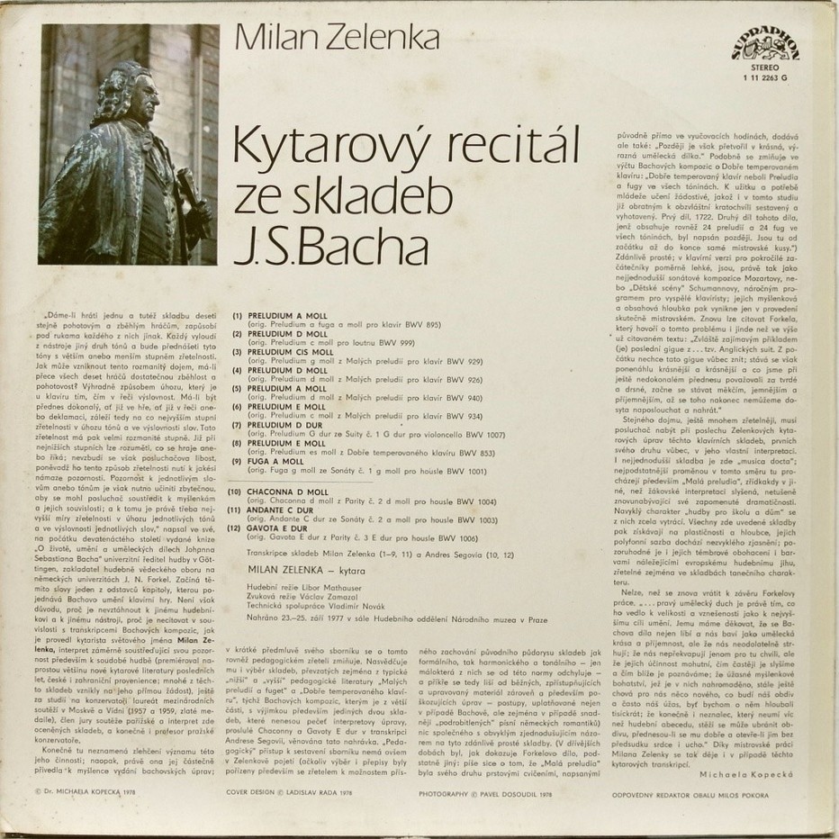 Milan Zelenka ‎– Kytarový Recitál Ze Skladeb J.S.Bacha [по заказу чешской фирмы SUPRAPHON 1 11 2263G]