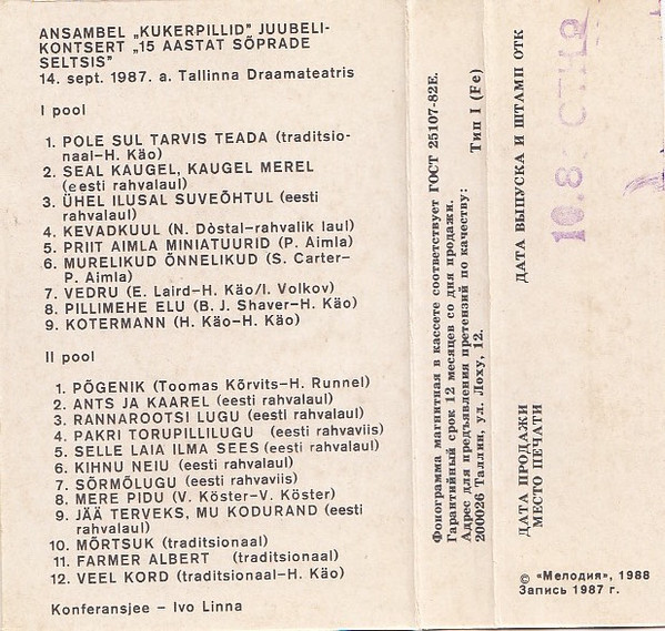 15 aastat sõprade seltsis. Ansambel "Kukerpillid" juubelikontsert 14. sept. 1987. a. Tallinna Draamateatris. Konferansjee Ivo Linna