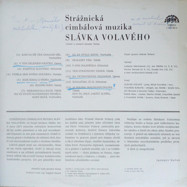 Strážnická Cimbálová Muzika Slávka Volavého [по заказу чешской фирмы SUPRAPHON 1 17 1786]