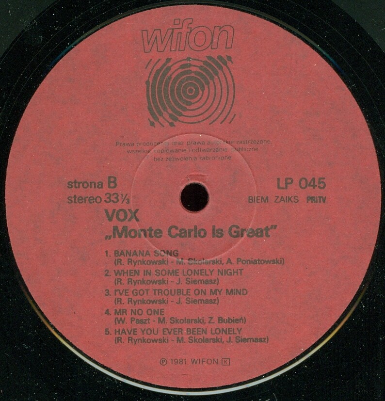 VOX - Monte-Carlo is great  [по заказу польской фирмы WIFON, LP 045]