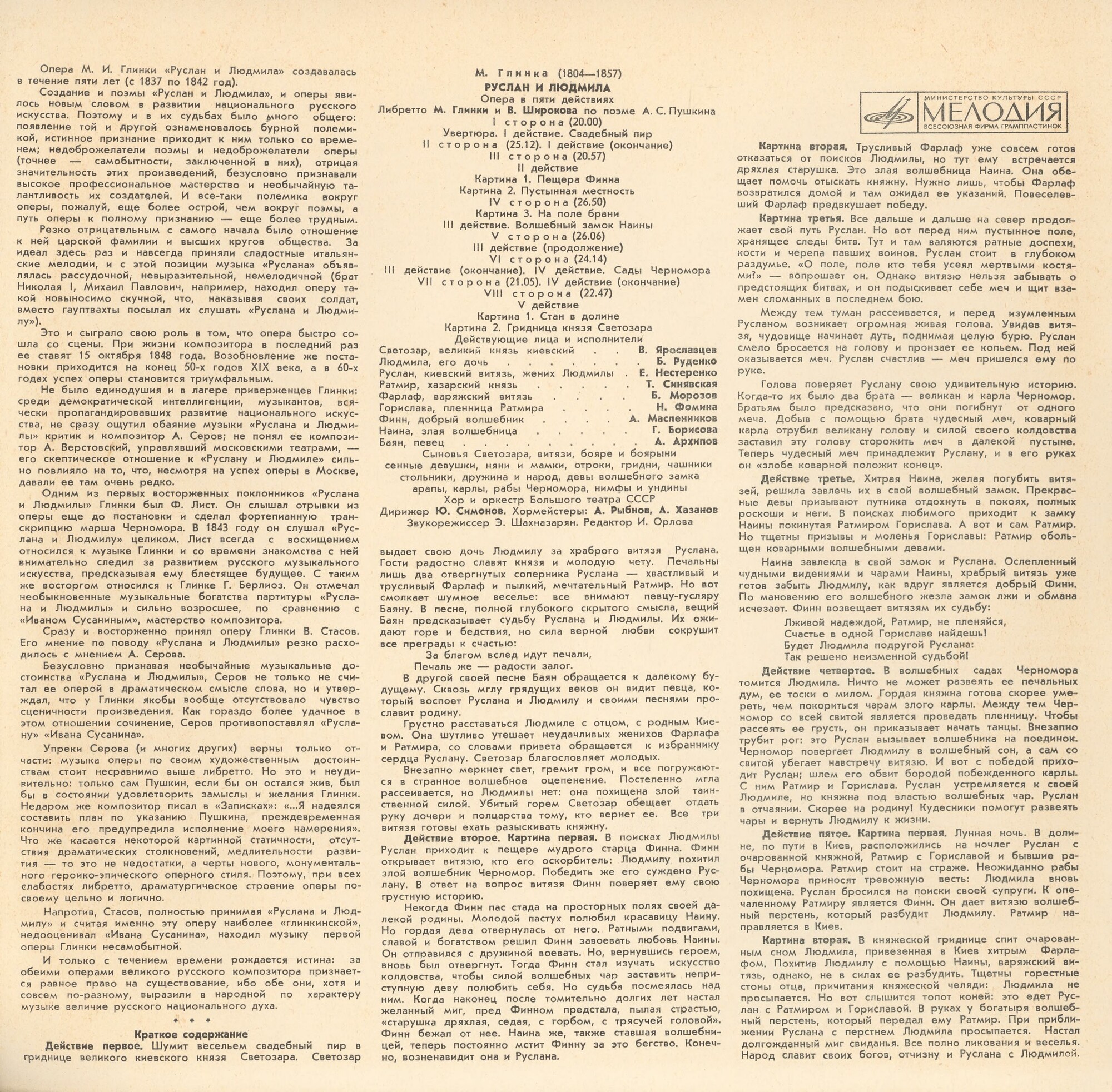 М. ГЛИНКА (1804—1857): «Руслан и Людмила», опера в пяти действиях