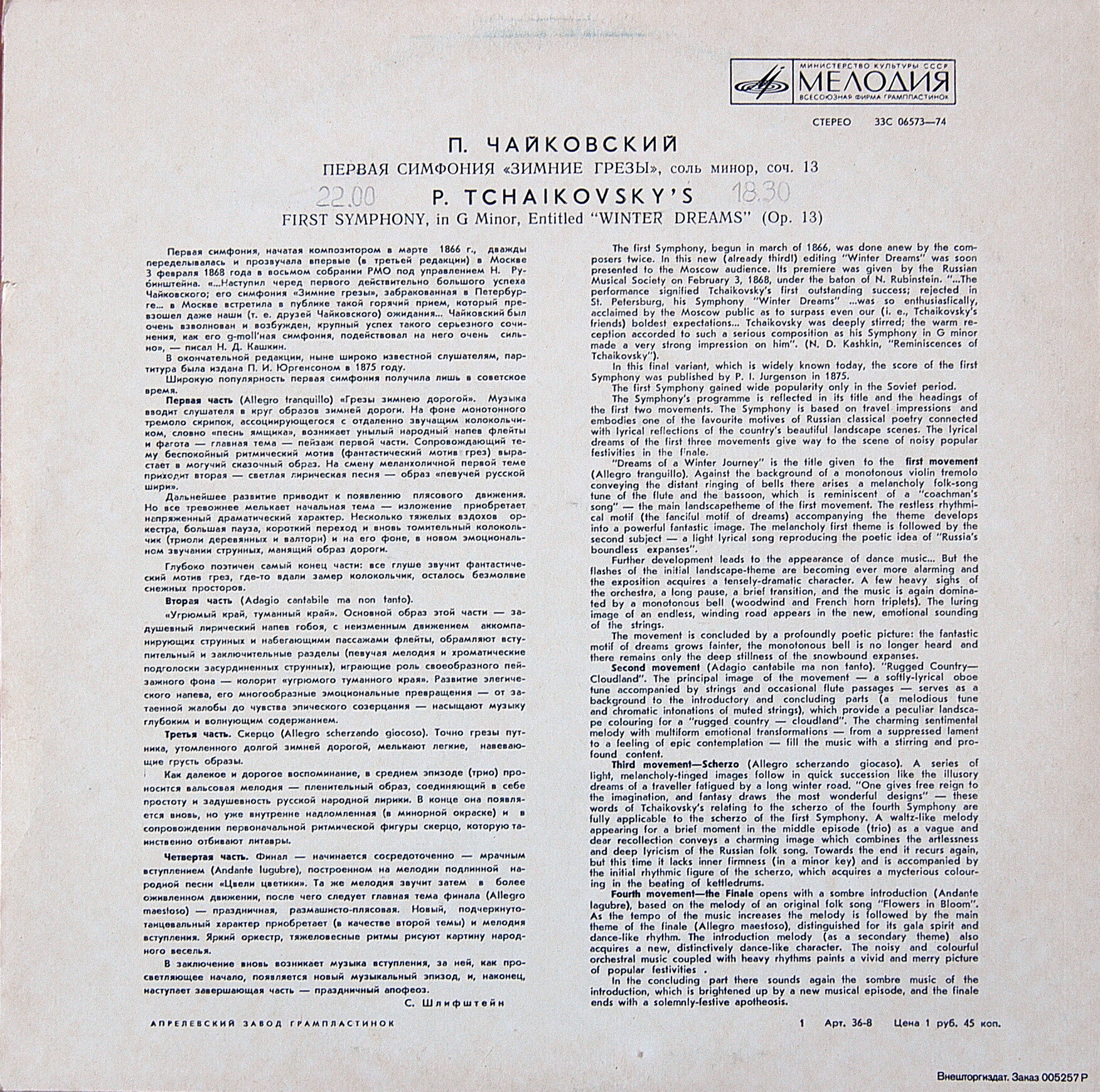 П. ЧАЙКОВСКИЙ (1840–1893): Симфония № 1 соль минор, соч. 13 (К. Иванов)