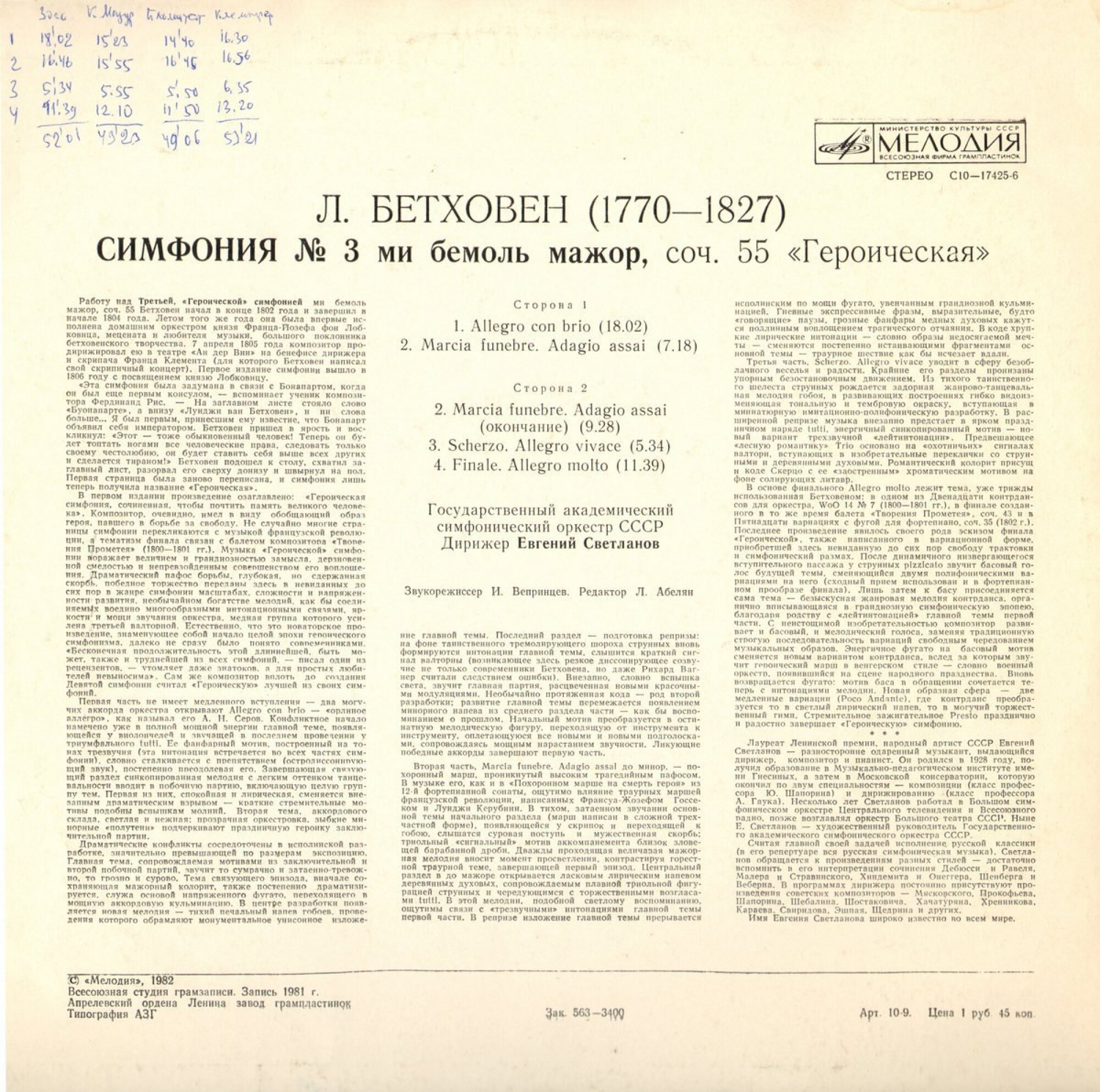 Л. БЕТХОВЕН (1770-1827): Симфония № 3 (Е. Светланов)