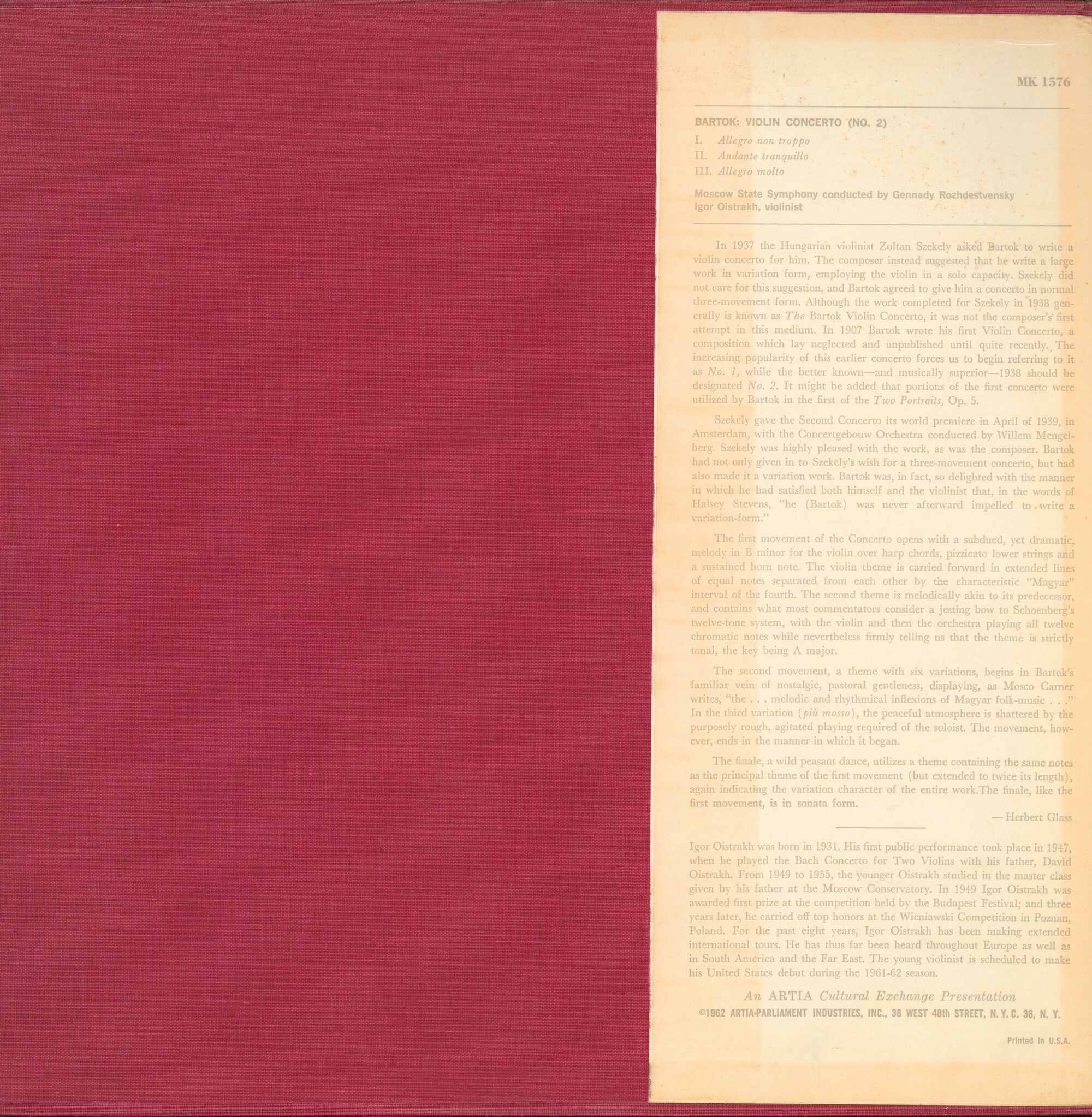 Б. БАРТОК (1881–1945) Концерт №2 для скрипки с оркестром — И. Ойстрах, Г. Рождественский