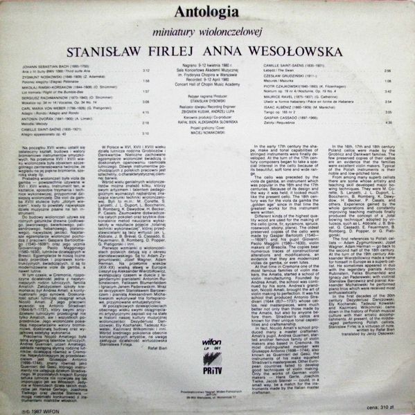 Stanisław Firlej, Anna Wesołowska ‎– Antologia Miniatury Wiolonczelowej [по заказу польской фирмы WIFON, LP 061]