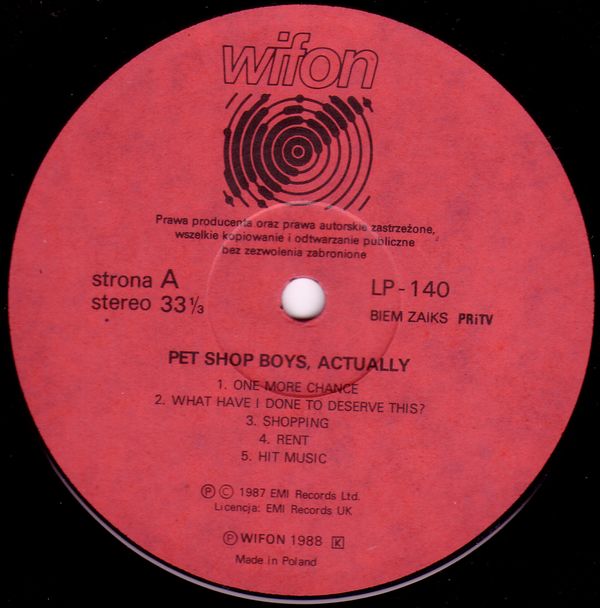 Pet Shop Boys ‎– Actually [по заказу польской фирмы WIFON, LP 140]