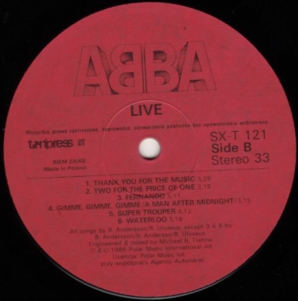 ABBA ‎– Live [по заказу польской фирмы TONPRESS, SX-T121]