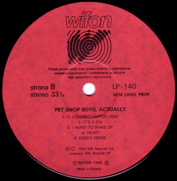 Pet Shop Boys ‎– Actually [по заказу польской фирмы WIFON, LP 140]