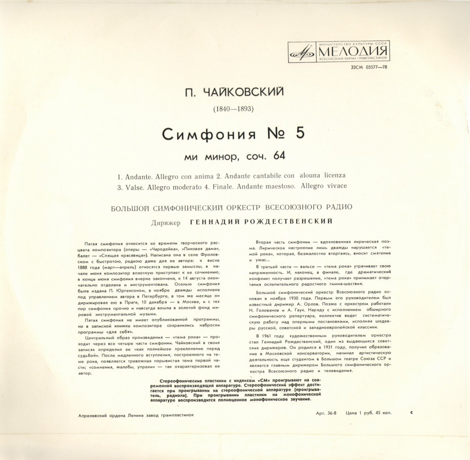 П.И.ЧАЙКОВСКИЙ (1840–1893) «Симфония № 5, ми минор, соч. 64»