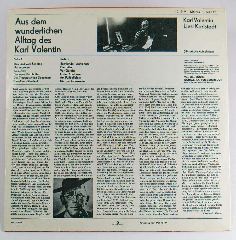 Karl Valentin & Liesl Karlstadt ‎– Aus Dem Wunderlichen Alltag Des Karl Valentin   [по заказу немецкой фирмы LITERA, 8 60 172]