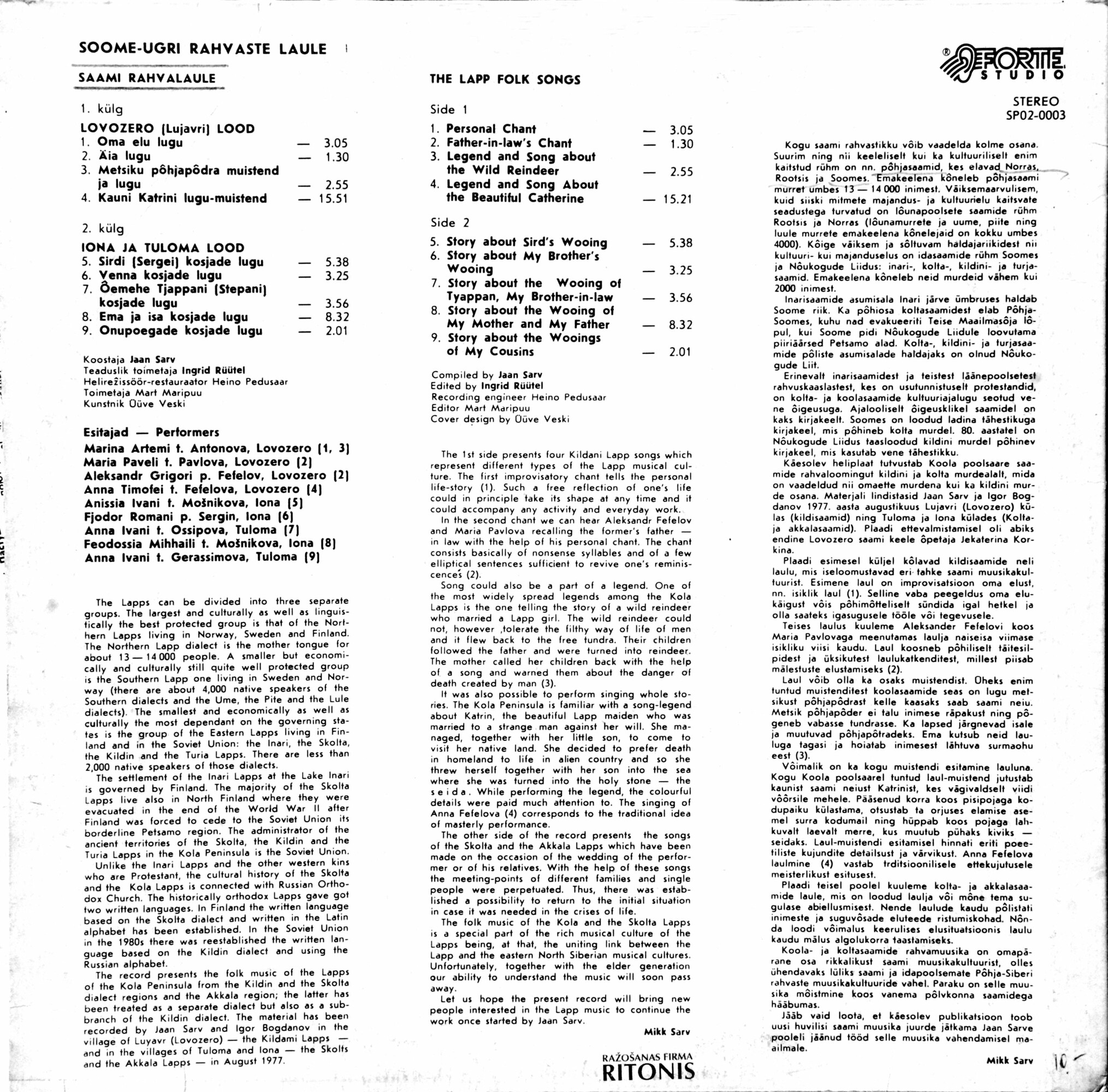 Soome-ugri rahvaste laule. I, Saami rahvalaule  = The lapp folk songs / koostaja = compiled by Jaan Sarv ; toimetaja = edited by Ingrid Rüütel