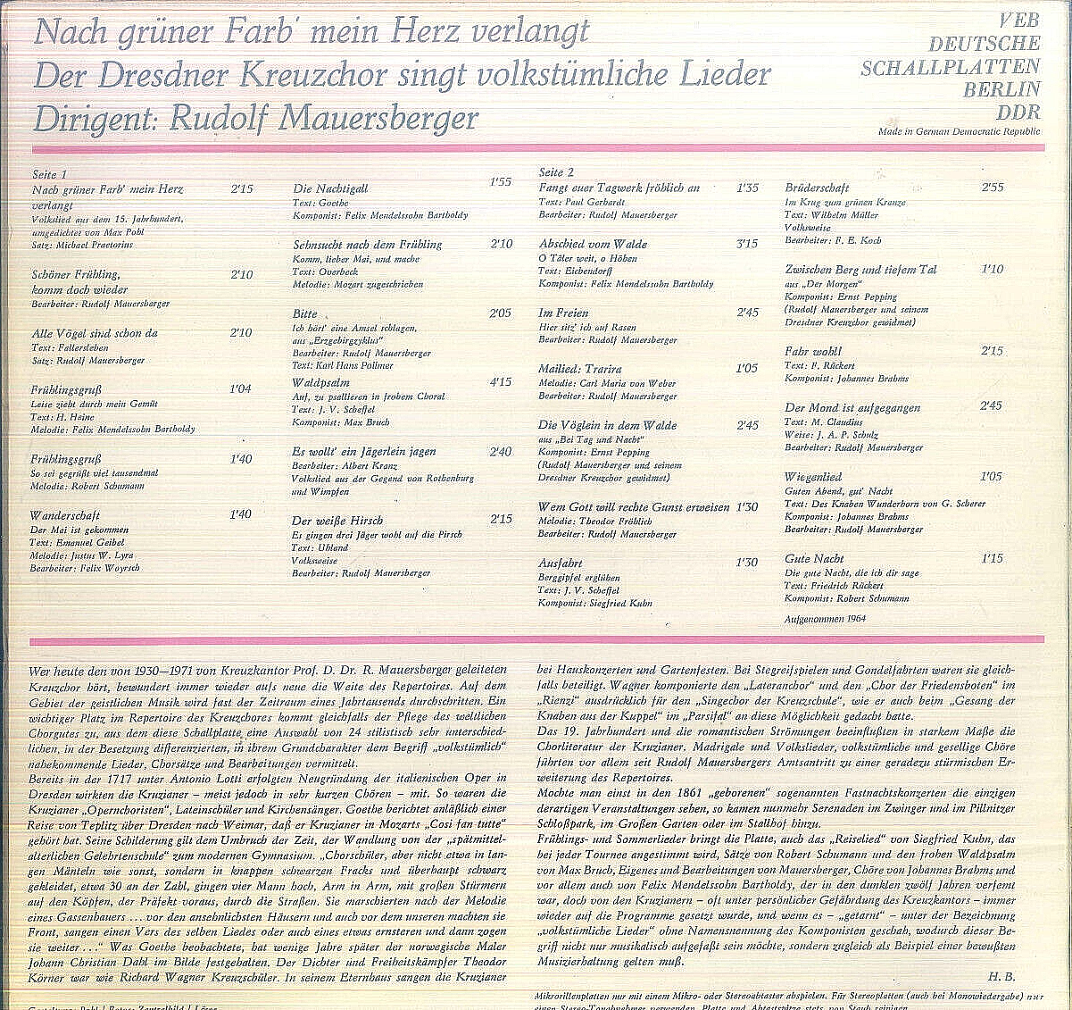 Nach Grüner Farb' Mein Herz Verlangt. Der Dresdner Kreuzchor singt volkstümliche Lieder [по заказу немецкой фирмы ETERNA ‎ 8 25 477]