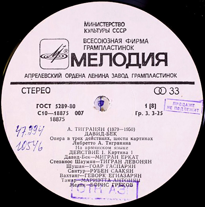 А. Тигранян (1879-1950). «Давид-Бек», опера в трёх действиях, шести картинах (на армянском яз.)