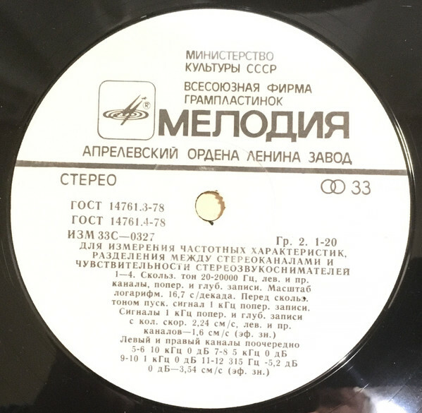 Пластинка для измерения частотных характеристик, разделения между стереоканалами и чувствительности стереозвукоснимателей