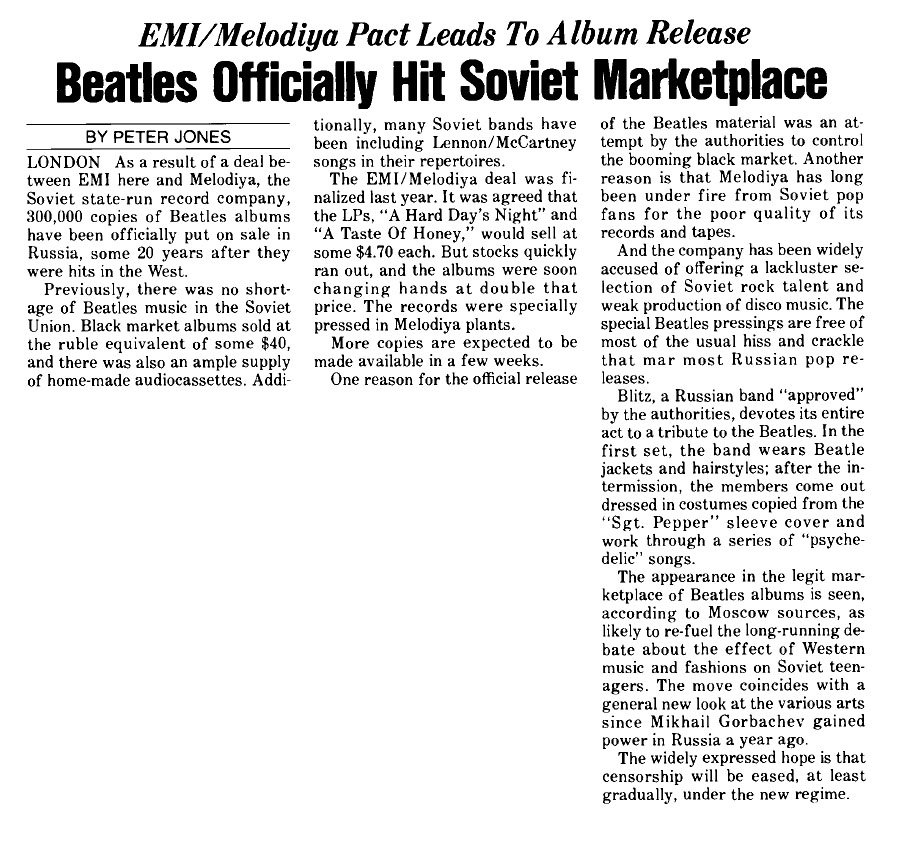EMI/Melodiya Pact Leads To Album Release.
Beatles Officially Hit Soviet Marketplace