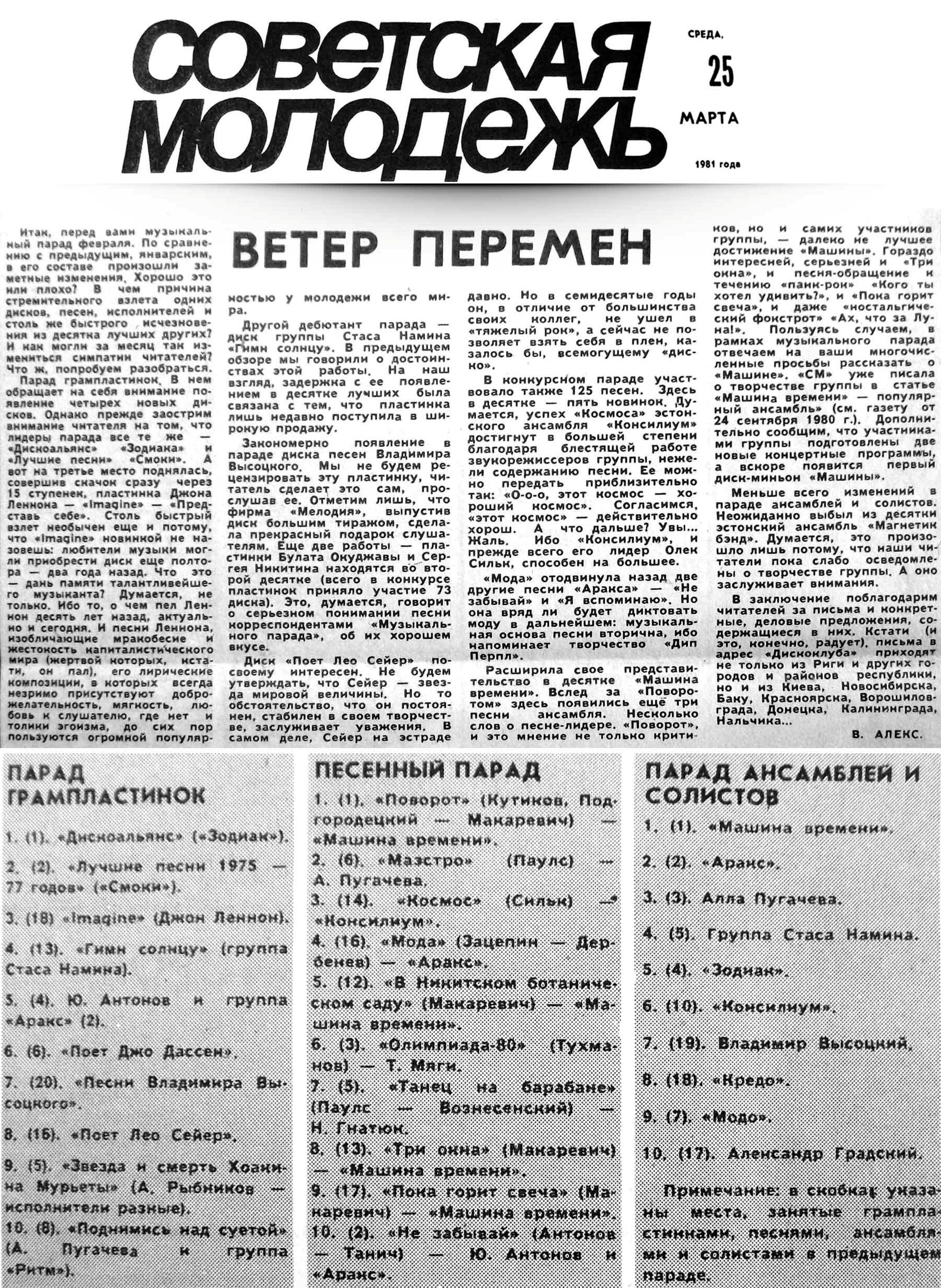 ВЕТЕР ПЕРЕМЕН.
ПАРАД ГРАМПЛАСТИНОК.
ПЕСЕННЫЙ ПАРАД.
ПАРАД АНСАМБЛЕЙ И СОЛИСТОВ.