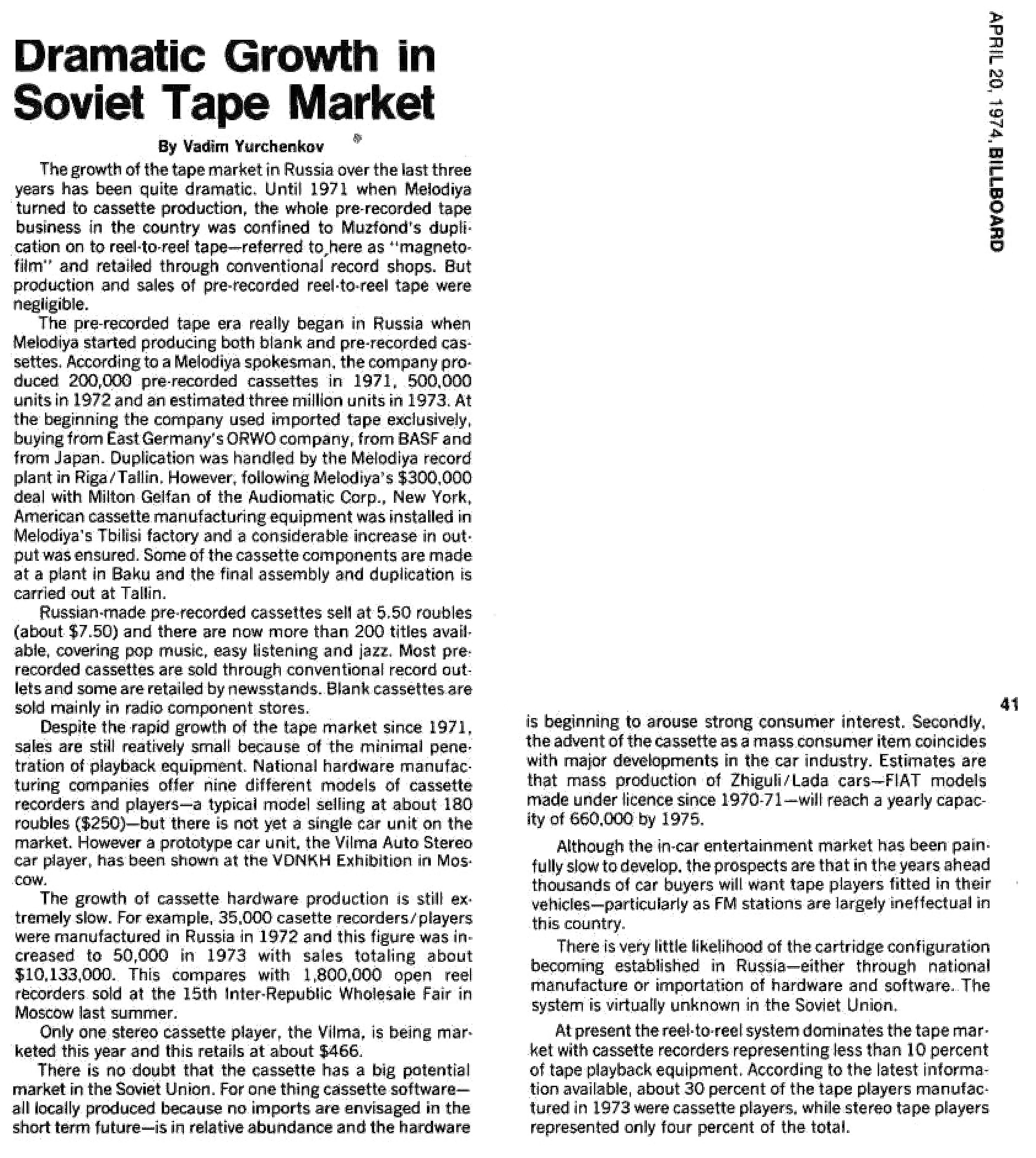 Dramatic Growth In Soviet Tape Market
[Стремительный рост на советском рынке магнитофонных лент]